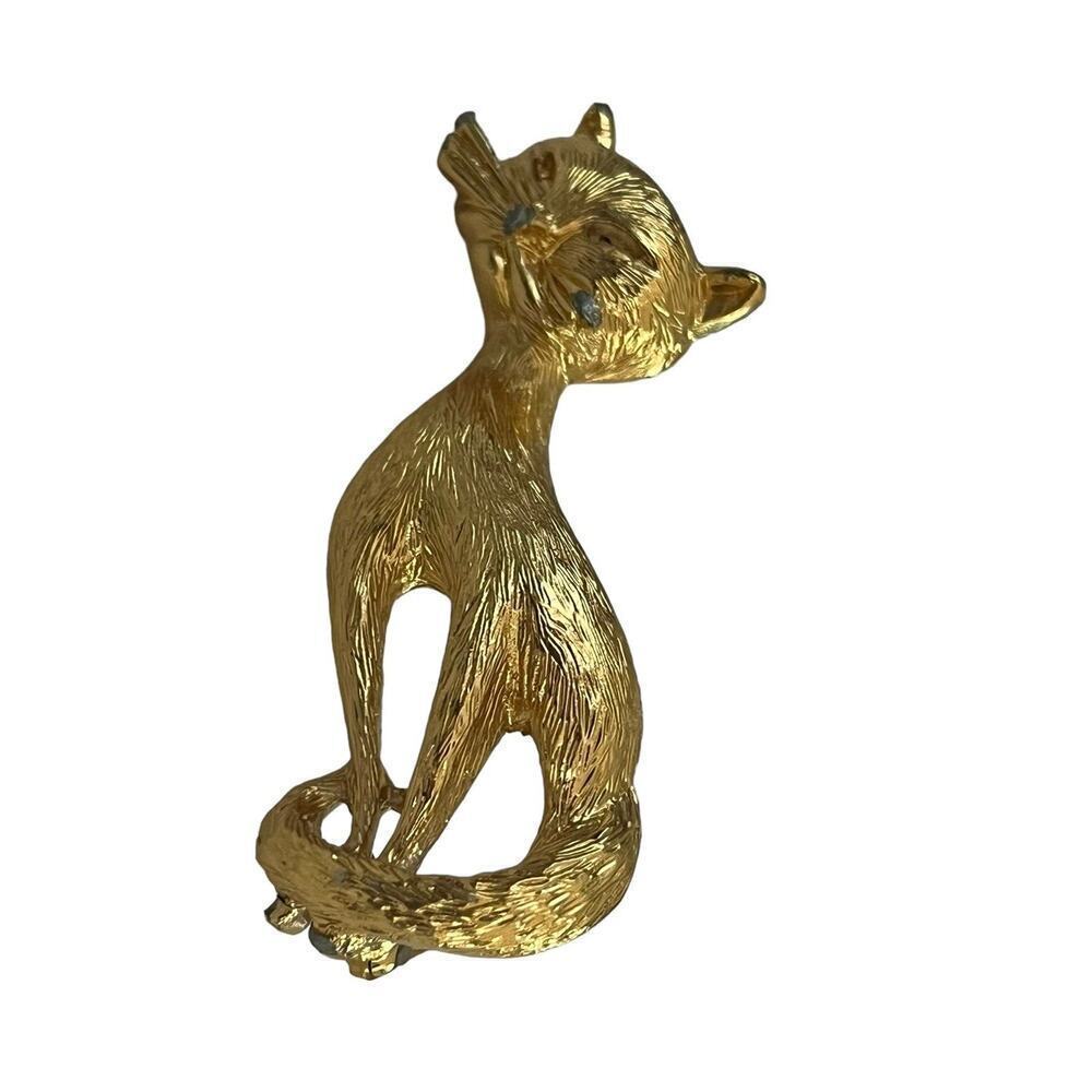 Vintage Monet Cat Brooch Pin Signed Cut Out Eyes Brushed Gold Sitting Pretty 2"